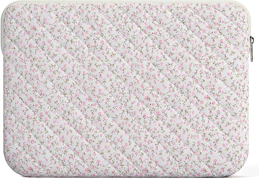 13-14 inch Cotton Quilted Laptop Sleeve for Women, Aesthetic Puffy Laptop Case Carrying Bag Compatible with MacBook Air/Pro 13/Pro 14, Soft Computer Liner Bag (Pink Floral, 13.3 inch)