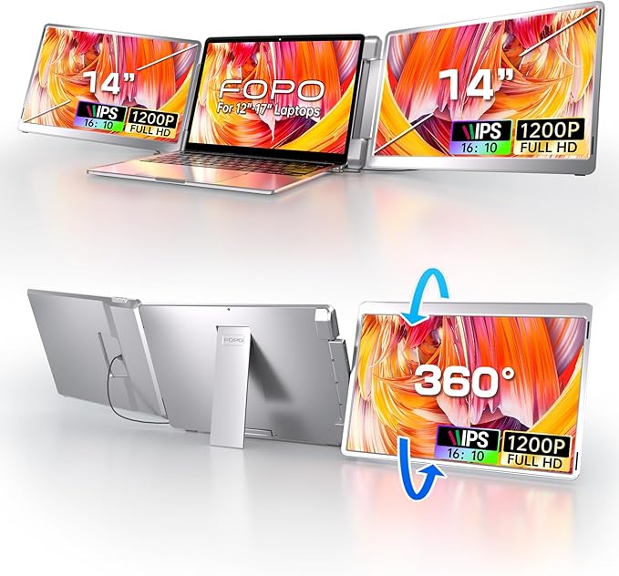 14" Triple Monitor Laptop Screen Extender- FHD 1200P 16:10 Laptop Screen Extender, Left Screen 360° Flip Portable Monitor for 12-16.5" Laptops with HDMI/USB-C, Plug & Play - S7