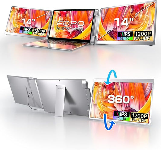 14" Triple Monitor Laptop Screen Extender- FHD 1200P 16:10 Laptop Screen Extender, Left Screen 360° Flip Portable Monitor for 12-16.5" Laptops with HDMI/USB-C, Plug & Play - S7