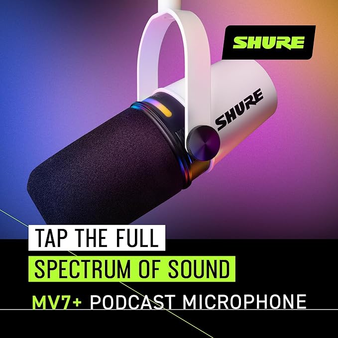 Shure MV7+ Dynamic Microphone – USB-C & XLR Podcast Mic for Streaming, Recording & Broadcasting, OBS Certified, Auto Level Mode, Digital Pop Filter, LED Panel, White