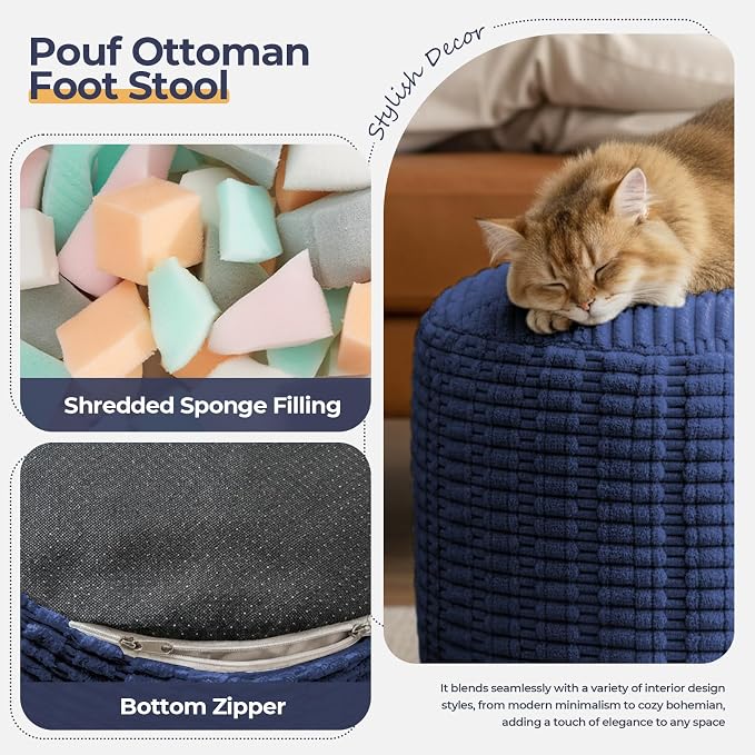 Round Pouf Ottoman Stuffed Corduroy Poufs Foot Rest with Foam Filling Fluffy Pouf Storage Ottoman Relax Stool for Living Room Couch 20 X 15 Inches, Blue