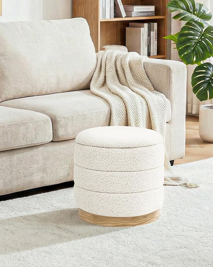 B FSOBEIIALEO Round Storage Ottoman with Tray, Folding Ottoman with Storage Coffee Table Foot Rest for Dorm Room Living Room Chenille Fabric,White,15.35"x15.35"x14.57"