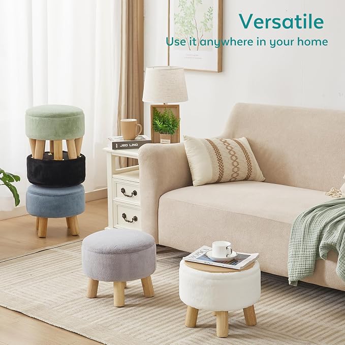 Small Foot Stool Ottoman with Storage, Soft Faux Fur Ottoman Foot Rest for Couch, Round Footstool with Storage, Small Ottomans and Footstools for Living Room and Entryway (Light Green)