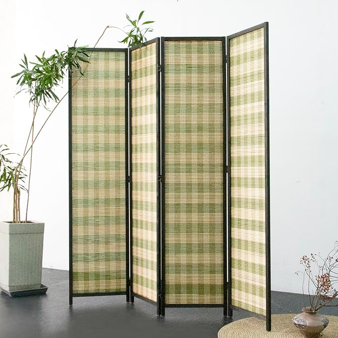 Furnnylane 4 Panel Bamboo Room Divider - 5.6 ft Tall (67" H x 63" W), Double-Sided Folding Privacy Screen in Green Woven Stripe, No-Drill Freestanding Partition for Home Office & Bedroom