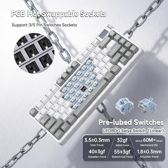 X Aula Nova75 Mechanical Gaming Keyboard,75% Compact Wireless Keyboard with Screen & Knob,Gamer for Pre-lubed Switches 8000mAh Computer Keyboards,RGB Backlit,Custom Hot Swappable,BT/2.4GHz/USB-C