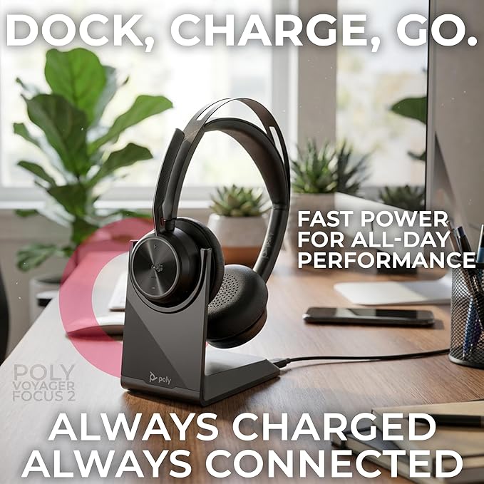 Poly Voyager Focus 2 Bluetooth Headset with Noise Blocking Mic - USB-C/A Dongle Adapters for PC using MS Teams, Zoom - Pairs to Both Cellphone and Laptop - Charging cable, and GTW Microfiber Cloth