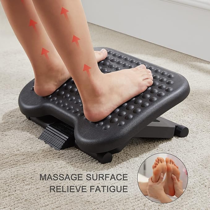 HUANUO Adjustable Desk Footrest, Foot Rest for Under Desk at Work with Massage, Adjustable Foot Stool with 3 Height Position & 30 Degree Tilt Angle Adjustment for Home, Office