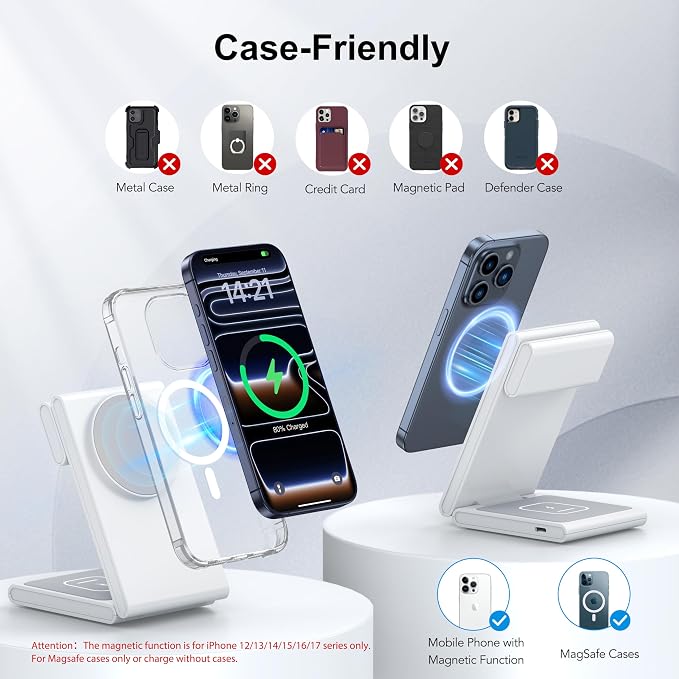 New Travel Foldable 3 in 1 Wireless Charging Station for Apple Magsafe Charger Stand,Fast Magnetic Wireless Charger Station for iPhone 17 Air 16 15 14 13 12 Series,Airpods Pro,Apple Watch Ultra-White