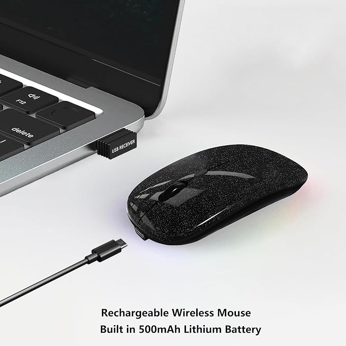 WREANU Wireless Bluetooth Mouse Rechargeable Laptop Mice Silent Slim Use(Bluetooth5.2 and Portable 2.4GHz USB Receiver)Dual Mode Computer Mouse for Laptop/iPad/Tablet/Apple/Computer/Mac(Bright Black)