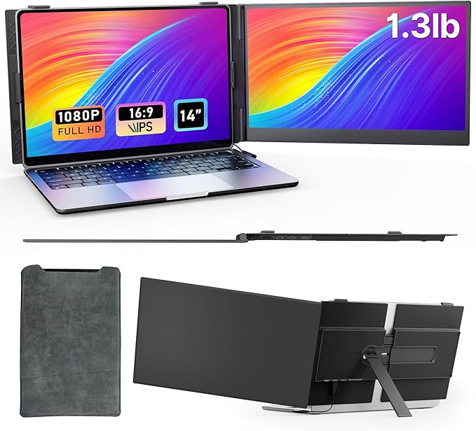 Laptop Screen Extender - Ultra-Thin 1.3lbs 14" FHD IPS Dual Portable Monitor Extension for Laptop, Attachment Plug & Play for 13-17" Laptops, Second Extra Travel Display for Windows/Mac/Android