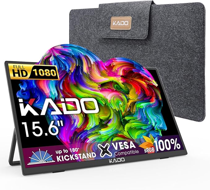 Kado 15.6" FHD Portable Monitor for Laptop, 100% sRGB Second Display IPS 1920x1080 HDMI USB-C Laptop Screen Extender, Carrying Sleeve 180° Kickstand for PC, Mac, Dex, Tablet, Xbox, PS4/PS5, Switch