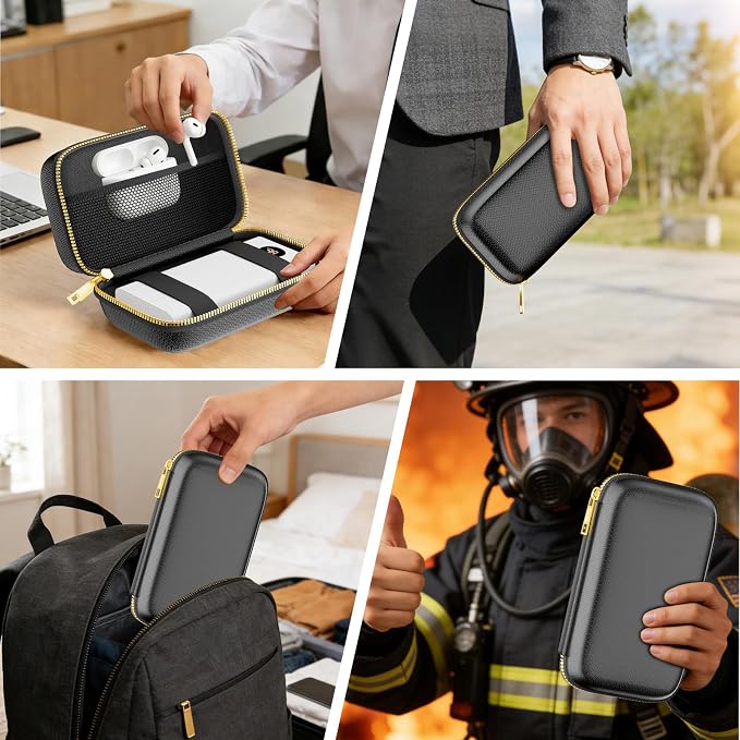 Electronics Travel Organizer with Fireproof Zipper, Hard Case Explosion-Proof Cables Carry Box Compatible with Hard Drive, Fireproof Portable Safe Storage for Power Bank, Phone, Charger, Cord, Black