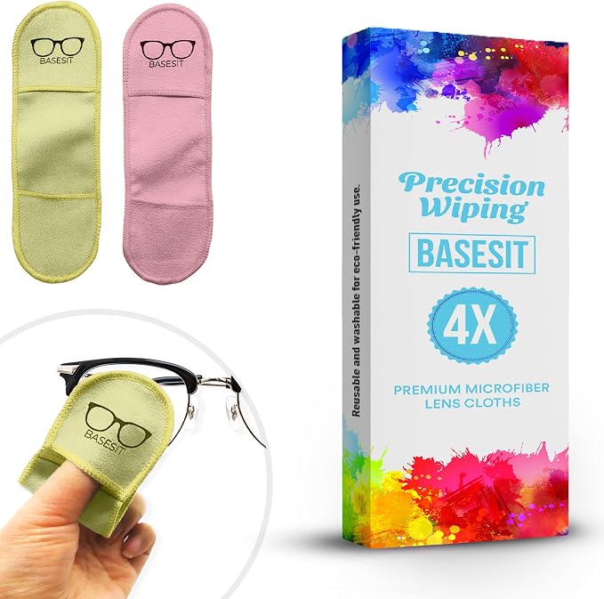 Finger Grip Eyeglass Cleaner (4 Pack) – Premium Microfiber Glasses Cleaning Cloth for Eyeglasses, Sunglasses, Phone Screens & Camera Lens (Pink/Yellow)