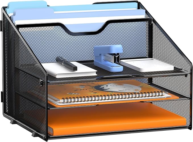 GAWERK Letter Tray Organizer, Mesh Desk File Organizer with 3 Paper Trays and 2 Vertical Upright Section, Blank