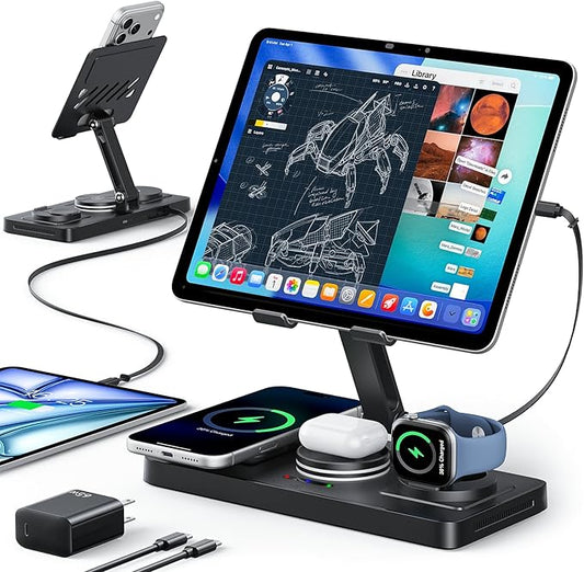 5 in 1 Charging Station for Apple Multiple Devices &65W Adapter, 30W Max Bulit-in Retractable Cable Fast Wired Charging Stand for iPad/Tab, Foldable Magnetic Wireless Charger for iPhone 17/iWatch/Buds