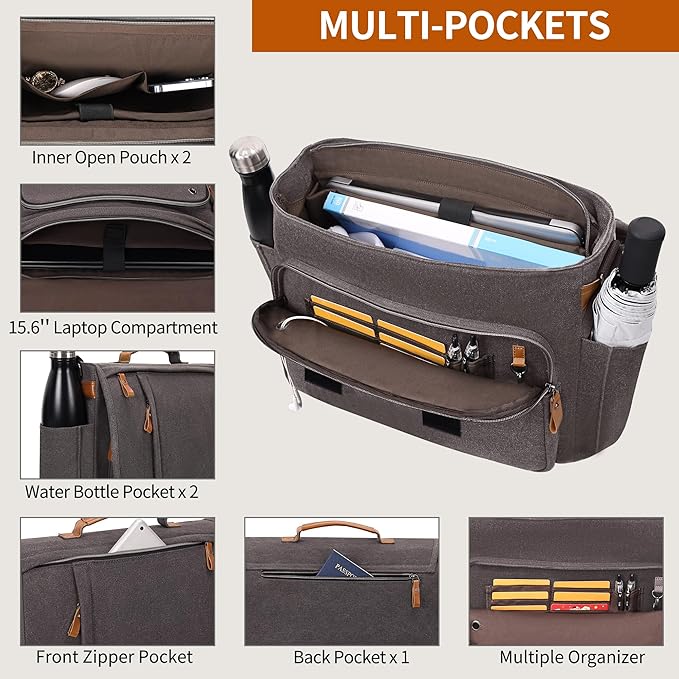 ESTARER Computer Messenger bag Water-resistant Canvas Shoulder Bag 15.6 Inch Laptop for Travel Work, Grey