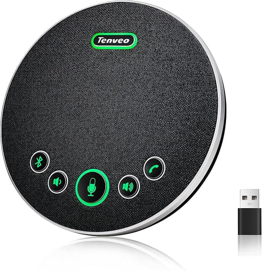 Tenveo Conference Speaker Microphone, Bluetooth/Dongle/USB Connectivity, 4 AI Noise Mics and 360° Sound Pickup,Compatible with Zoom, Teams, OBS, Supports 10-12 People for 8 Hours of Talk Time