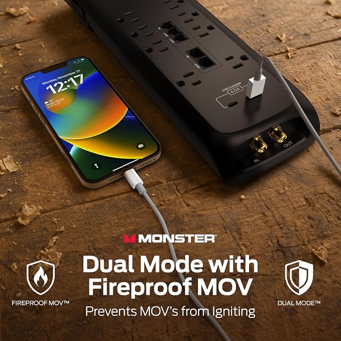 Monster Power Surge Protector w/ 4,050 Jules Rating — Heavy Duty Power Strips with Surge Protection, 8 Outlets, USB-A & USB-C, 2 Coax, 5 Ethernet Ports, Fireproof MOV, Dual Mode (6FT Cord, Black)