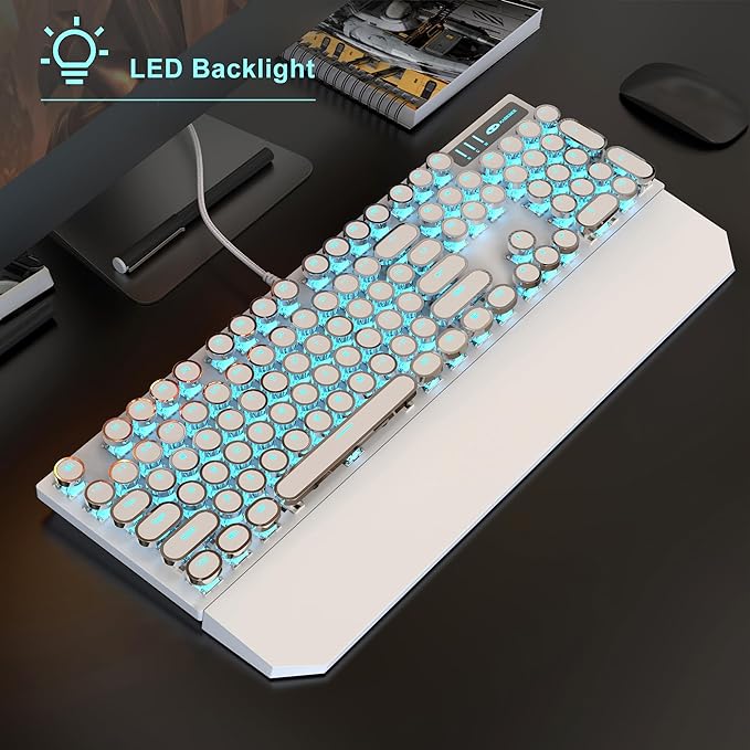 Typewriter Mechanical Gaming Keyboard and Mouse Combo, Retro Punk Round Keycaps RGB Rainbow Backlit Wired Keyboard for Game and Office, for Windows Laptop PC, Red Switches(White)