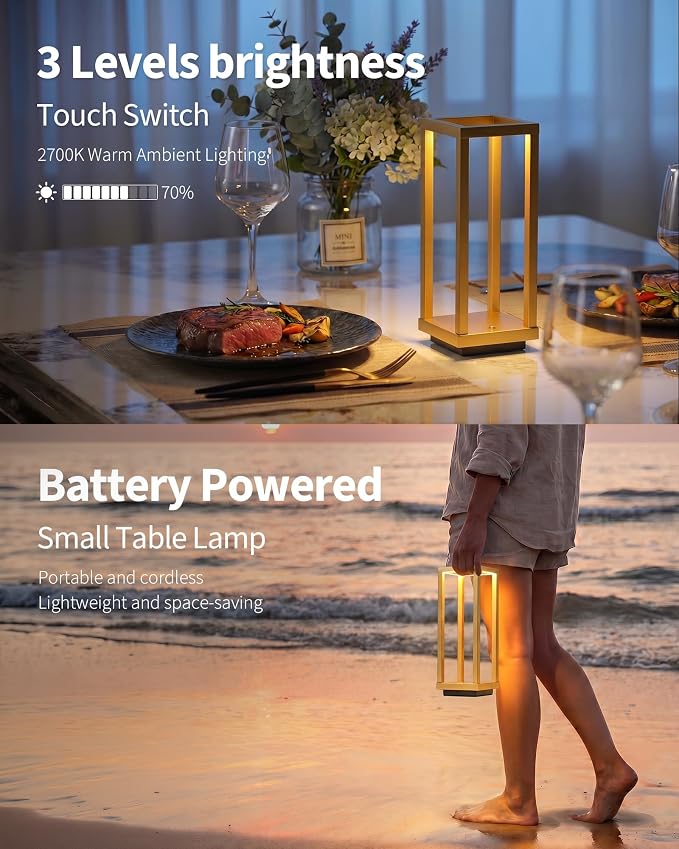 PUSU Cordless Waterproof Table Lamps, Gold Outdoor Rechargeable 4000mAh Battery Operated Desk Lamp 2700K 3-Level Dimmable, Portable LED Lighting for Patio, Camping, Bedroom, Night Light