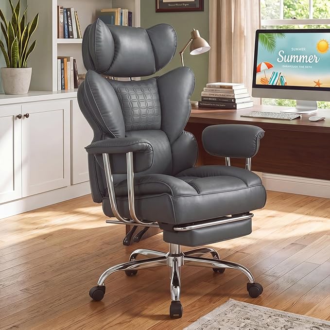 DUMOS Big and Tall Office Chair 350 LBS, Scratch-Resistant PU Leather Executive Office Desk Chair with Footrest, Ergonomic Reclining Computer Chair with Pocket Spring Support for Home Office, Grey