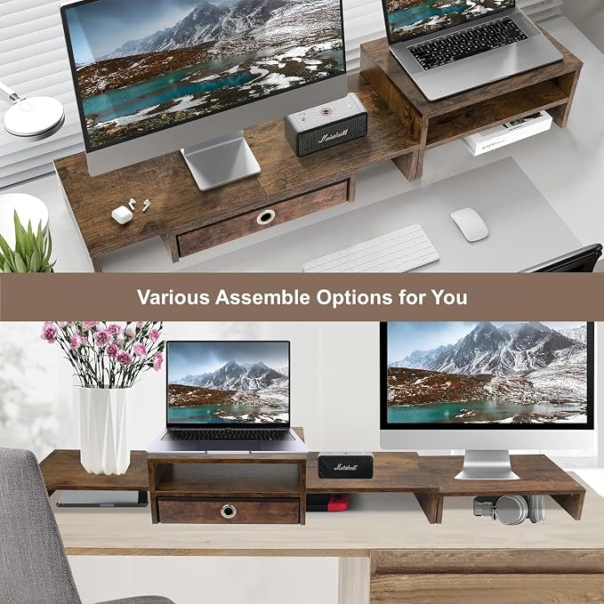 Monitor Riser for 3 Monitors, Dual Monitor Stand for Desk, Triple Monitor Stand with Drawer, Dual Monitor Stand with Storage, Extra Long Triple Monitor Riser up to 52", Angle Adjustable, Rustic Brown