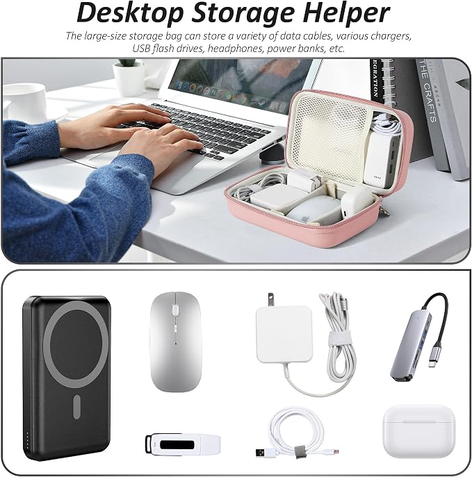 Charger Case for Macbook, Portable Tech Electronic Organizer Bag, Small Travel Storage Pouch for Laptop Accessories, MacBook Power Adapter, Charging Cords, USB Drives, Power Bank (Pink, XL)