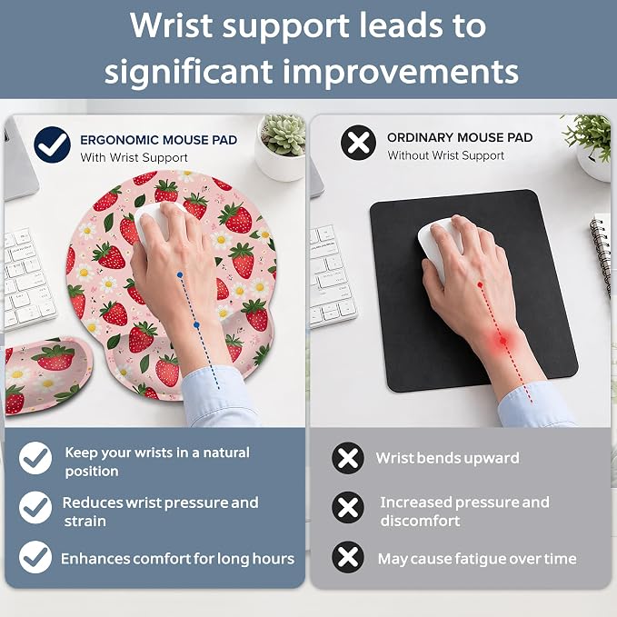 Ergonomic Memory Foam Wrist Rest Set for Keyboard and Mouse,Cute Strawberry Flower Supportive Mouse Pad with Non Slip Base for Office Work and Gaming