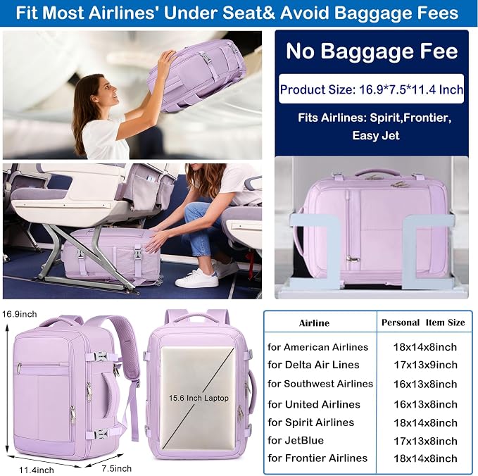 EZUOLA Travel Backpack for Women, 25L Carry On Backpack Airline Approved,Personal Item Travel Bag,Bookbag for College Essentials,Lightweight Work Back pack for Weekend Business,Gifts Purple