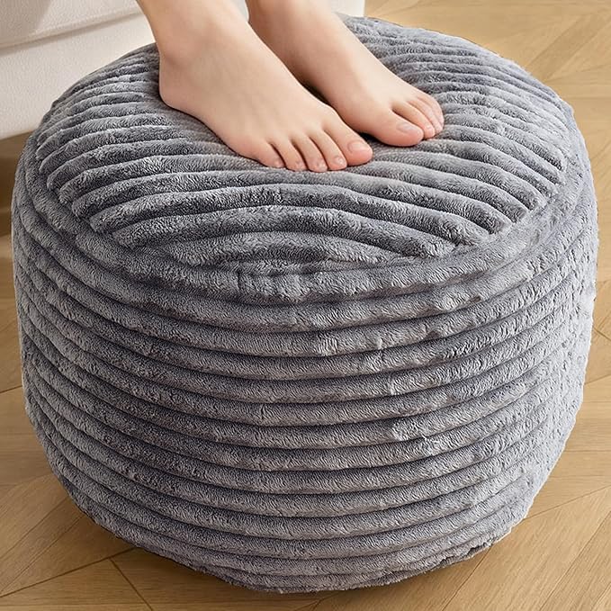 Round Ottoman,Corduroy Pouf Ottoman Foot Rest,Storage Footstool for Living Room,18x14 Soft Floor Poufs,Memory Foam Filling - Dark Grey, 18x14 in