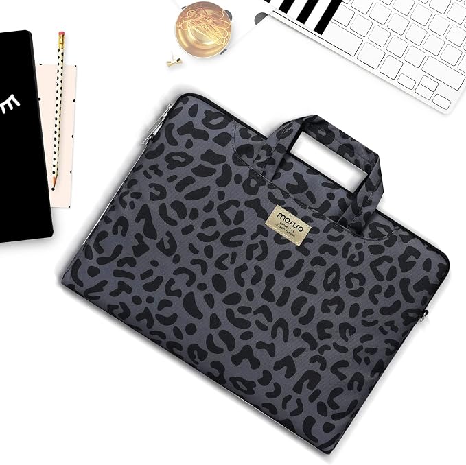 MOSISO Laptop Shoulder Bag, 13 inch Computer Bags Compatible with MacBook Air M4 M3 M2 M1 2025-2018 / Pro 13 2025-2016, Leopard Grain Briefcase Sleeve with Belt