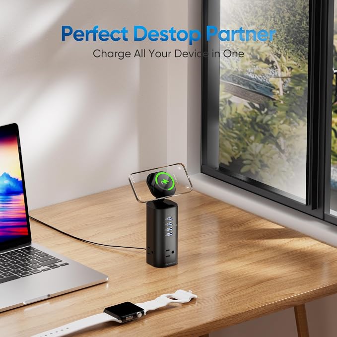 TenTrend Power Strip Tower Surge Protector, 115W Fast Charging Station with 3AC Outlets & 8 USB Ports (4 USB-C), 5FT Extension Cord Flat Plug for Home, Office, Dorm Room