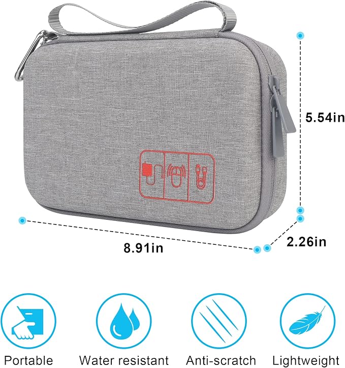 Elonbo Hard Travel Cords Organizer Universal Small Electronic Accessories Carrying Case for Chargers Cables MacBook Adapter Magic Mouse Apple Pencil USB Flash Disk Tech Portable Storage Bag, Grey