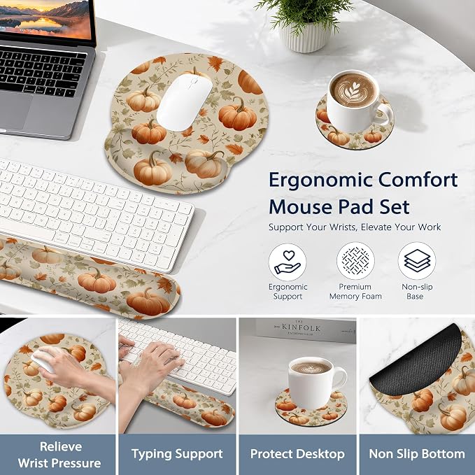 Pumpkin Wrist Rest Support for Mouse Pad Keyboard Set, Autumn Maple Leaves Mouse Pad with Non Slip Rubber Base for Home and Office Typing Support