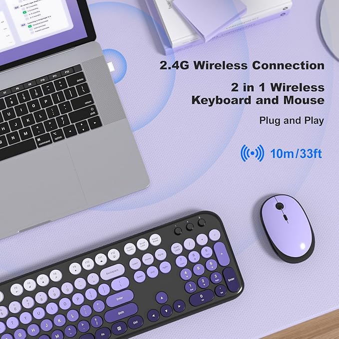 MOFII Wireless Keyboard and Mouse Combo, 2.4GHz Retro Typewriter Keyboard Full Size, Quiet Click Mouse, USB Receiver Plug and Play, for PC, Laptop, Desktop, Windows (Black Purple Gradient)