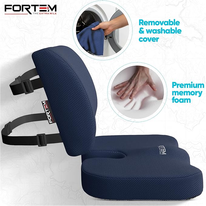 FORTEM Seat Cushion, Office Chair Cushion, Lumbar Support Pillow for Office Chair, Memory Foam Car Seat Cushions, Sciatica Coccyx Tailbone Pain Relief, Cushions for Back Support, Washable, Non Slip
