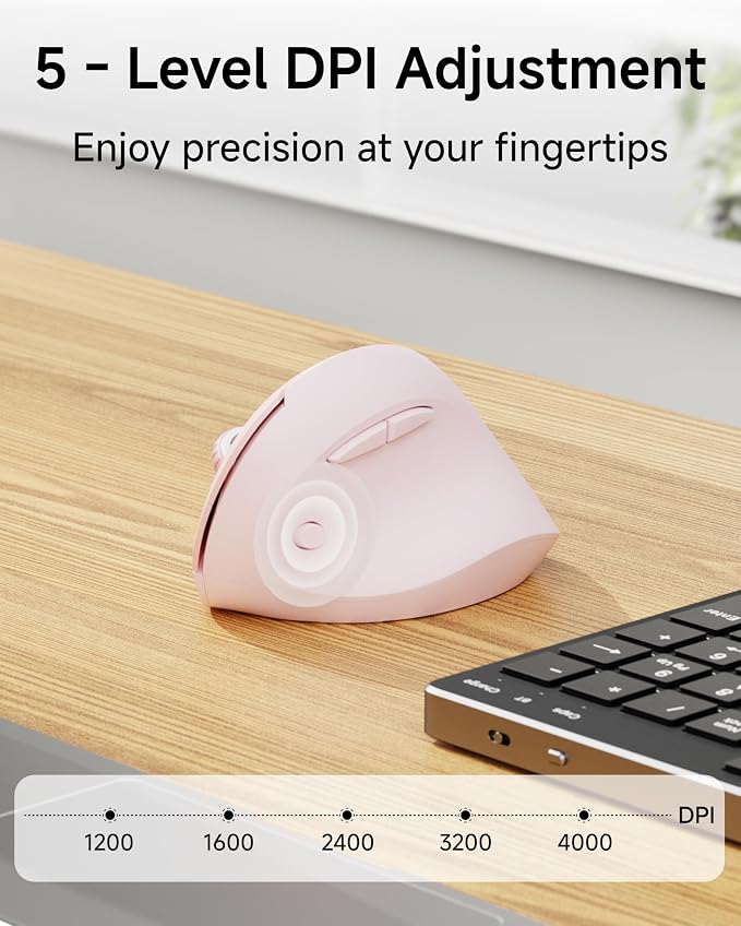 EWEADN Q7 Ergonomic Mouse, Dual-Mode 2.4G/BT 5.4 Wireless Vertical Mouse, 5-Level Adjustable DPI up to 4000, Wrist Strain Relief, Rechargeable Optical Quiet Computer Mouse for Laptop/PC/Mac-Pink