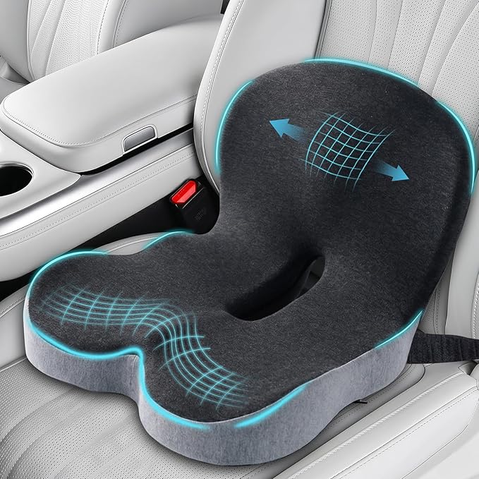 Ergonomic Seat Cushion with Adjustable Strap, Memory Foam Office Chair Seat Cushion with L-Shaped Design, Car Seat Cushion Fits for Truck Driver Semi Truck, Gaming Chair, Desk, Light&Dark Gray