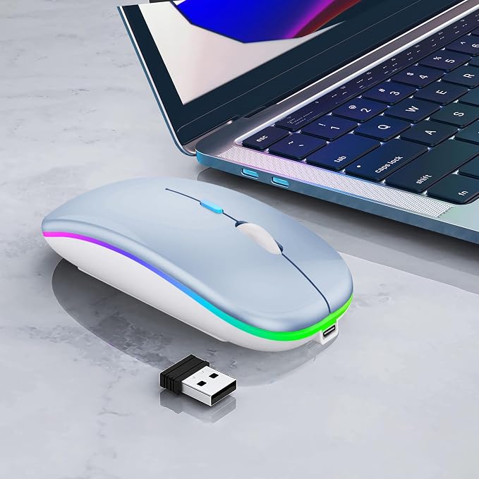 WREANU Wireless Bluetooth Mouse Rechargeable Laptop Mice with LED Lights Silent Slim Use(BT5.2 and 2.4G Portable USB) Dual Mode Computer Mouse for Laptop/iPad/Tablet/Apple/Computer/Mac (Blue)
