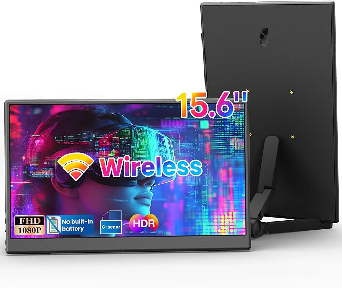 Portable Monitor 15.6 inch, Wireless Portable Monitor Support AirPlay Miracast, 1080P IPS Ultra Slim Travel Monitor with USB-C HDMI /VESA/Sleeve, External Monitor for Laptop/ PS4/5/Switch/Mac /Phone