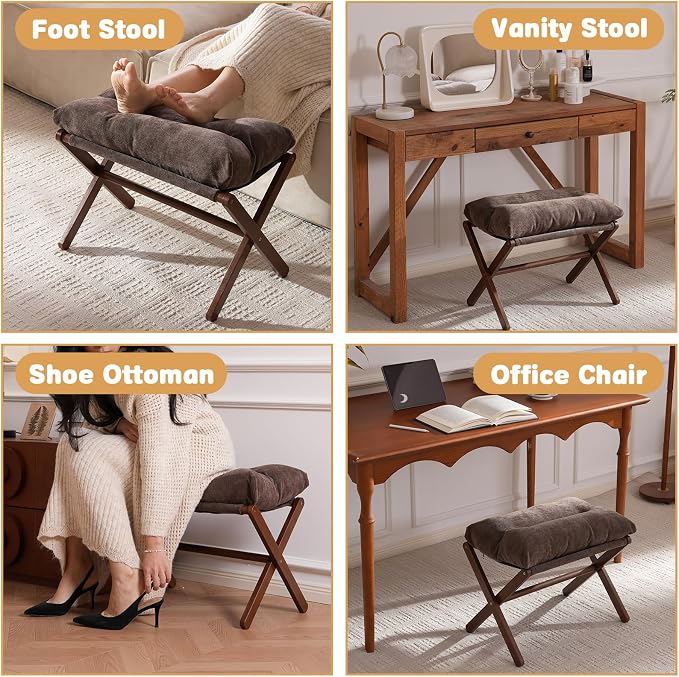 Baveke Ottoman Foot Rest- Bamboo Folding Stool, Foot Stools Small Ottman with Upholstered & X Legs, Foldable Stool for Makeup, Bedroom and Living Room (Large Brown)