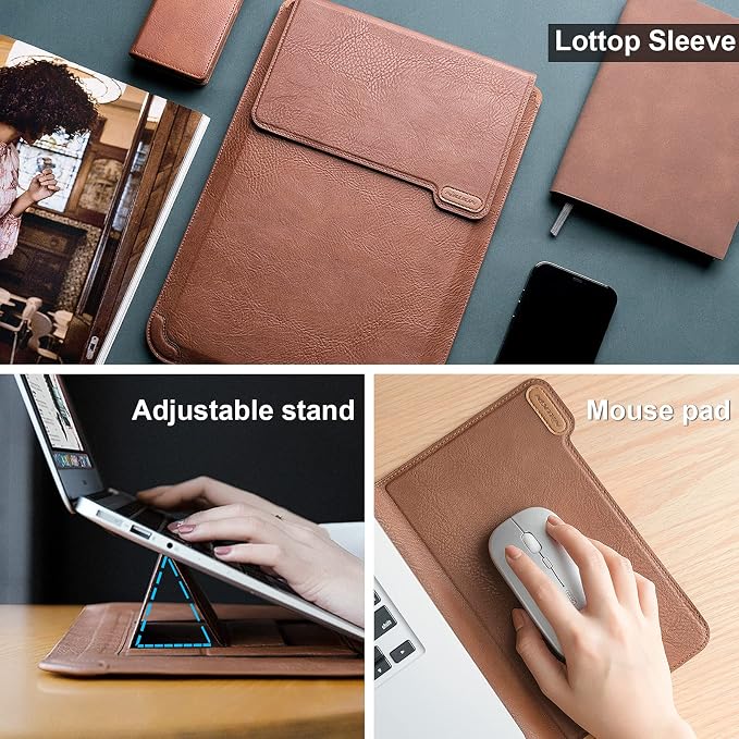 Nillkin Laptop Sleeve 15.6 inch, MacBook Sleeve with Adjustable Stand & Mouse Pad, 2 Stand Modes, 15 inch Laptop Case, Slim MacBook Accessories for Samsung/Surface/Chromebook/HP 13-15.6 inch, Brown