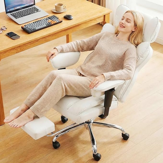 DUMOS Big and Tall Home Office Desk Chair, Gaming Computer Chair, Executive Ergonomic Chair with Footrest, High Back Reclining, Adjustable Armrests and Comfy Lumbar Support, PU Leather, White