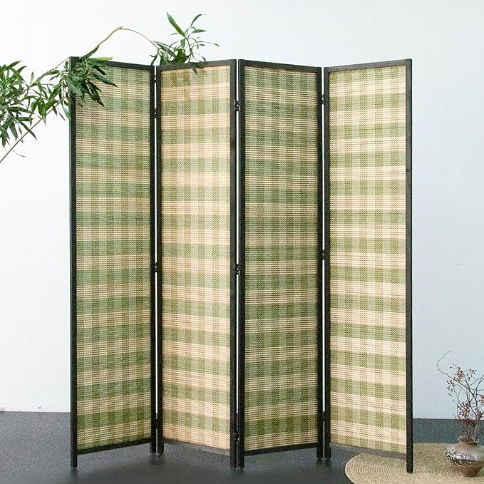 Furnnylane 4 Panel Bamboo Room Divider - 5.6 ft Tall (67" H x 63" W), Double-Sided Folding Privacy Screen in Green Woven Stripe, No-Drill Freestanding Partition for Home Office & Bedroom