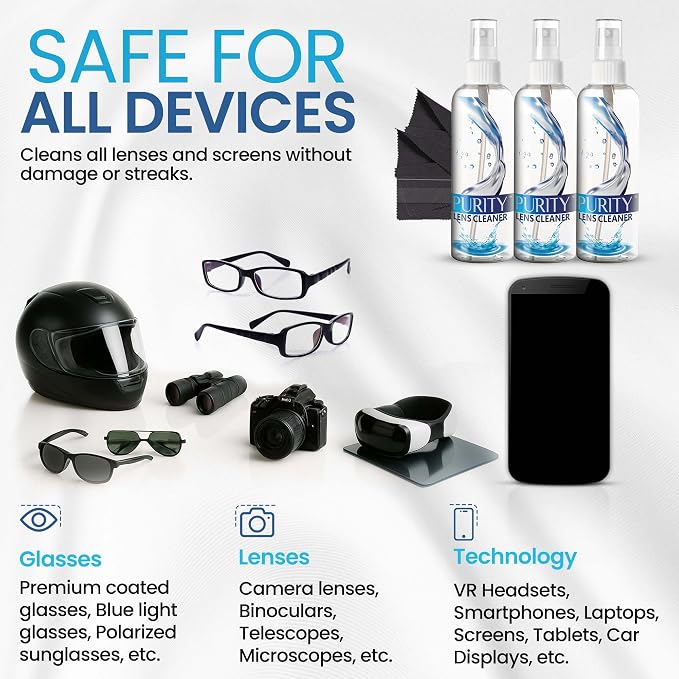 Purity Eyeglass Lens Cleaner Spray Kit - 3 x 8oz Lens Cleaner Spray Bottle + 2 Microfiber Cloth for Cleaning - Safe for All Lenses (AR Coated Included), Eyeglasses and Screens