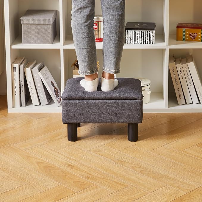 Aibiju Small Foot Stool Ottoman with Storage, Linen Foot Rest with Wood Legs Safety Hinge Flip Top, Bedside Step Stool Rectangle 16x12x9.5inch for Living Room Bedroom Dark Gray YD-JD1363