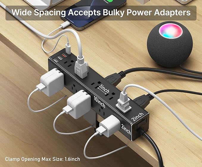 CCCEI Standing Desk Clamp Power Strip with 15 Outlets, Black Desktop Edge Mount Surge Protector Outlet, Fast Charging USB-A and 45W USB-C Ports, 4 FT Flat Plug, Black Fit 1.6 inch Table top.