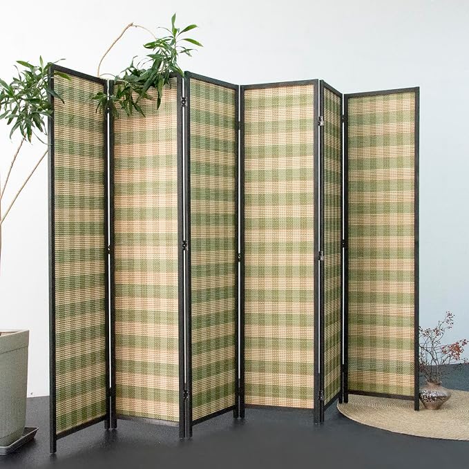 Furnnylane 6 Panel Bamboo Room Divider - 5.6 ft Tall (67" H x 94.5" W), Double-Sided Folding Privacy Screen in Green Woven Stripe, No-Drill Freestanding Partition for Home Office & Bedroom