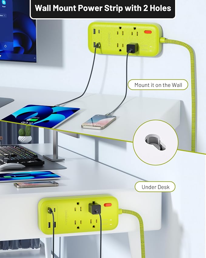 USB Surge Bar 4 Power Strip - 4 Outlets 4 USB Ports(1 USB C), Multi Plug Outlet Extender with 6Ft Braided Extension Cord, 1800 J, Wall Mount, Flat Plug, Desk Charging Station for Office Home