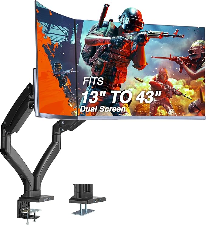 AVLT Dual Monitor Arm Desk Mount for 13"–43" Flat/Curved Screens with USB-A Pass-Through, Full Motion Height Adjustable Swivel Tilt Rotation VESA/C-Clamp/Grommet/Cable Management, Black